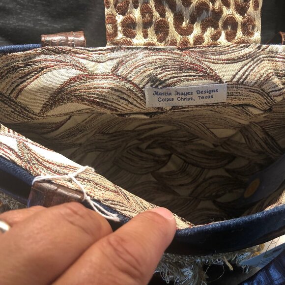 NWT Denim and Animal Print handmade bag by Marcia has a gold colored cat pendant - Picture 5 of 6